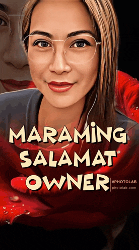 a picture of a woman with the words maraming salamat owner on the bottom