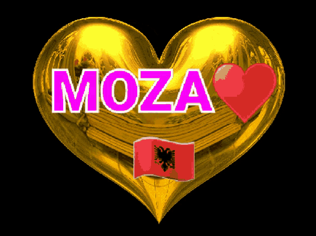 a gold heart with moza written in pink on it