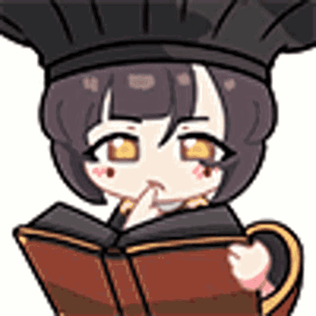 a cartoon girl is reading a book while wearing a black hat .