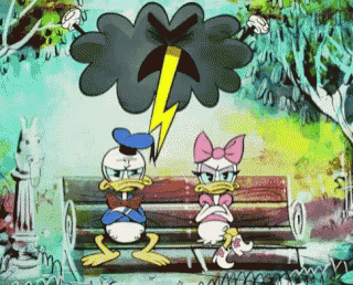 donald duck and daisy duck are sitting on a park bench with a lightning bolt above them