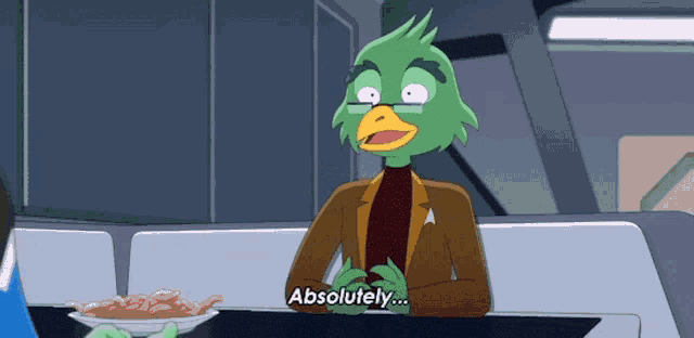 a cartoon character is sitting at a table with a plate of food and says absolutely