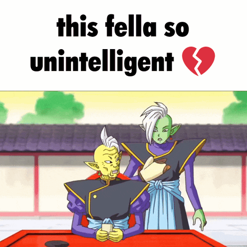 a picture of two cartoon characters with the words this fella so unintelligent above them