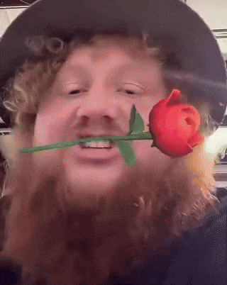 a man with curly hair and a hat is holding a red rose in his mouth