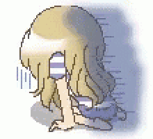 a pixel art drawing of a girl with long blonde hair kneeling down and crying .