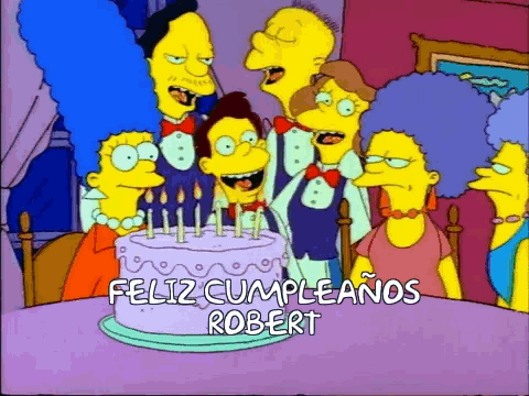 a group of simpsons characters celebrate robert 's birthday with a cake
