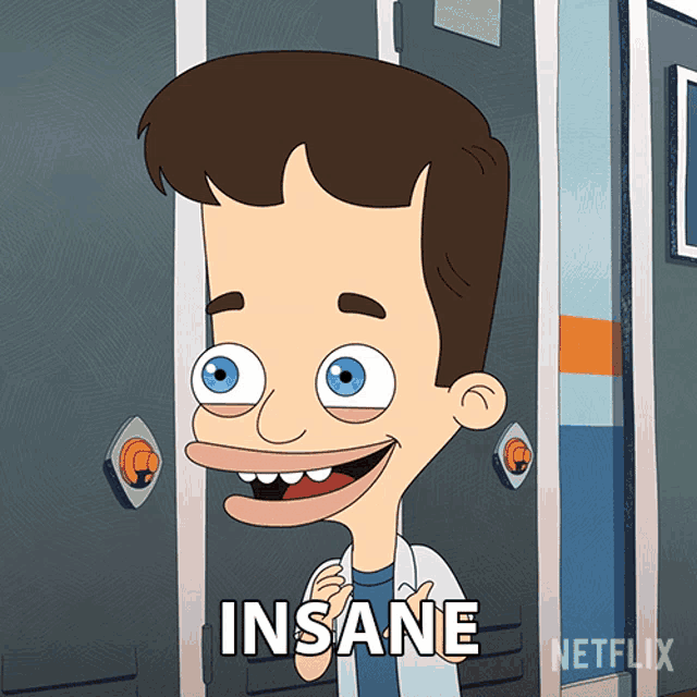 a cartoon character with the word insane on his face
