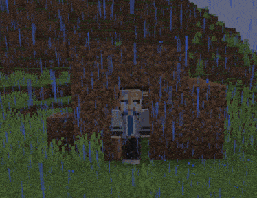 a person in a minecraft video game stands in the rain
