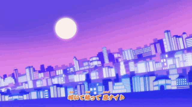 a cartoon drawing of a city skyline with a full moon and a purple background