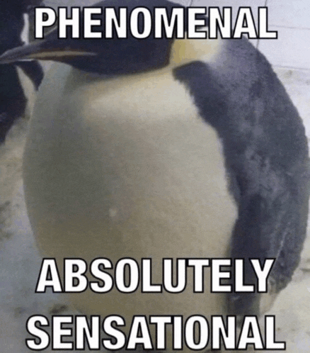 a picture of a penguin with the words phenomenal absolutely sensational above it