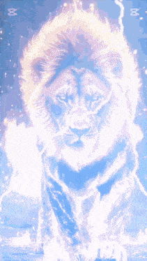 a painting of a lion with a lightning bolt behind it