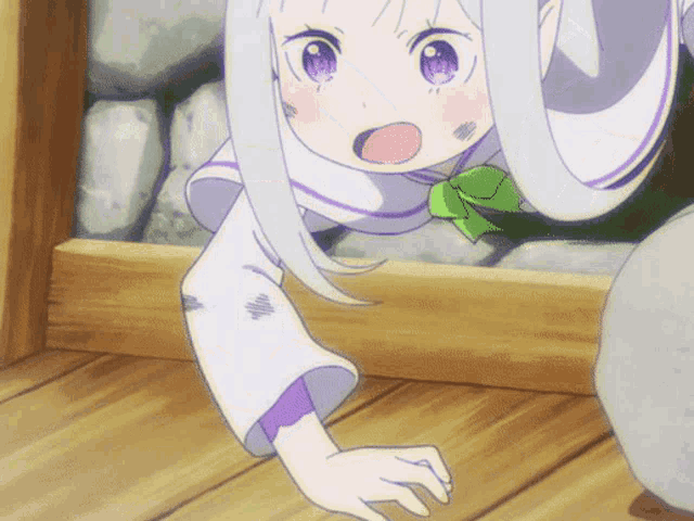 a girl with white hair and purple eyes is crawling on the ground