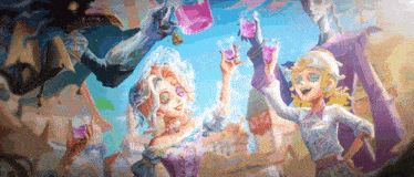 a group of people are standing in a cartoon scene holding glasses of liquid .