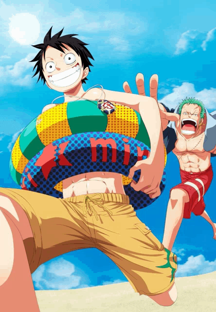 luffy and zoro are playing on the beach and luffy is carrying a life preserver that says mi