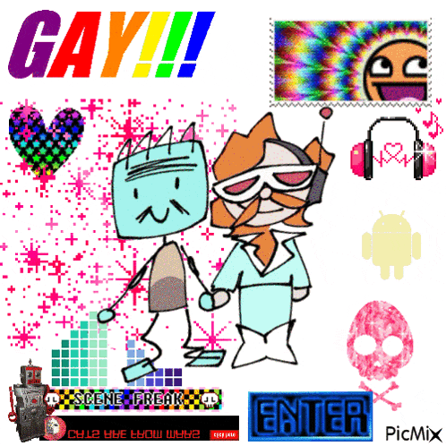 a cartoon drawing of two robots holding hands with the words gay !!! in the background