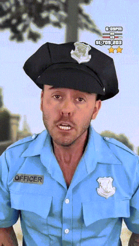 a man in a police uniform has a patch that says officer