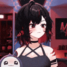 a girl with black hair is holding a stuffed animal in front of a sign that says m