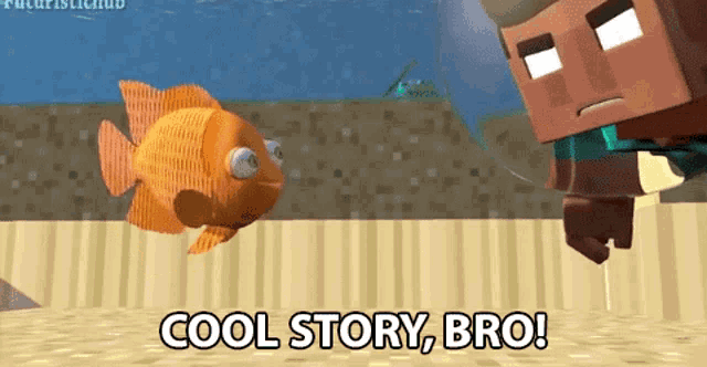 a cartoon of a man and a fish with the words cool story bro