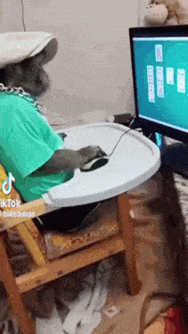 a monkey is sitting in a high chair playing a game on a computer screen .