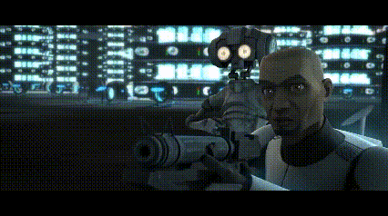 a robot is holding a gun in a dark room