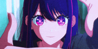 a close up of a anime girl with purple hair and pink eyes