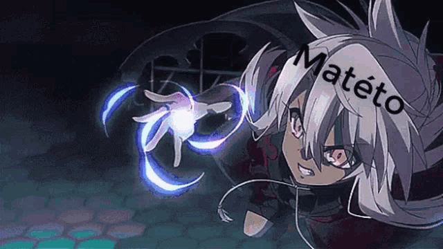 a cartoon of a girl with white hair and the word mateto on her head .