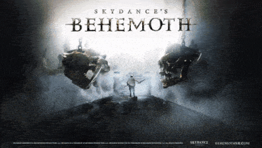 a poster for skydance 's behemoth shows a man standing in front of a skull