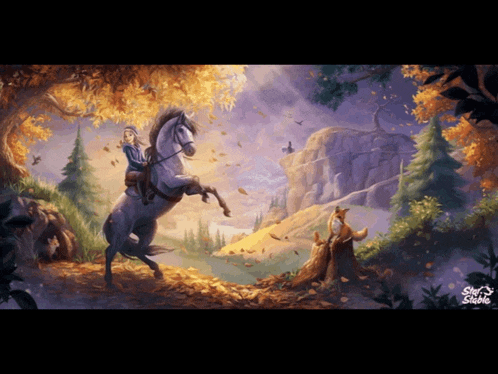 a painting of a person riding a horse in a forest