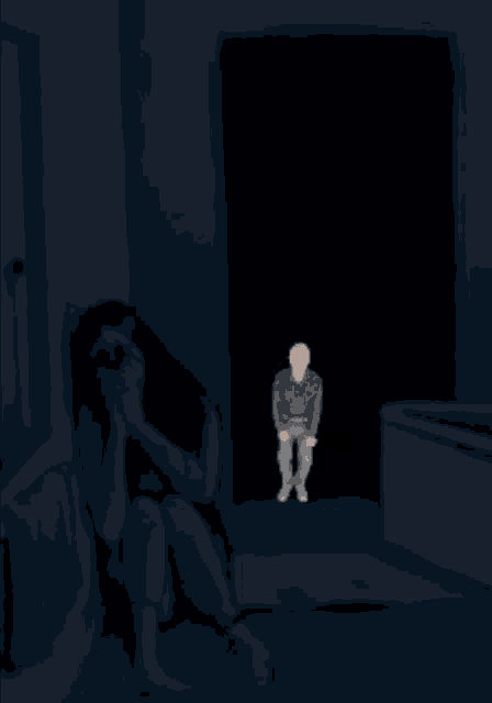 a drawing of a woman sitting on the floor with a man standing in the background