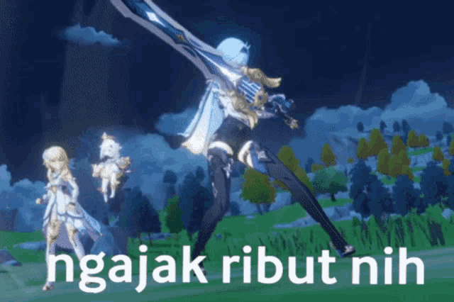 a video game character is holding a large sword and says ngajak ribut nih in white letters