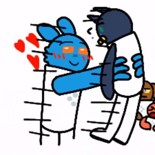 a drawing of a cat hugging a blue rabbit