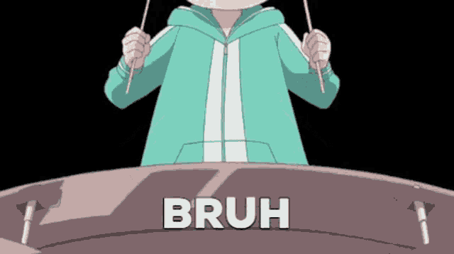 a cartoon character is playing drums and the word bruh is on the bottom of the screen