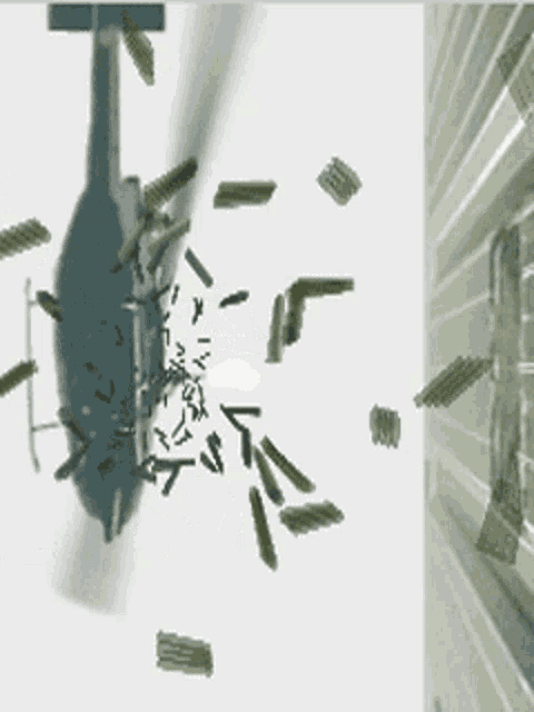a helicopter is flying through the air with bullets flying around it