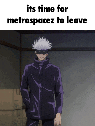 a man in a purple jacket stands in a room with the words its time for metrospacez to leave
