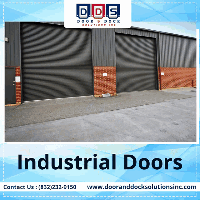an ad for industrial doors shows a building with a lot of doors