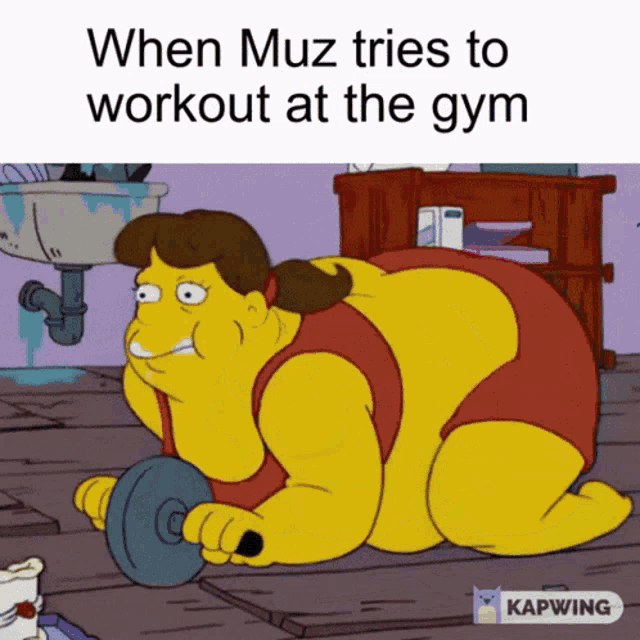 a cartoon of a woman lifting a dumbbell with the caption when muz tries to work out at the gym