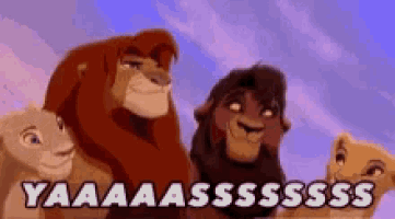 a group of lion king characters standing next to each other with the words yaaaaasssss written on the bottom