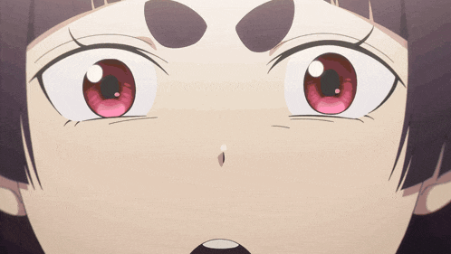 a close up of a girl 's face with red eyes and a white eye