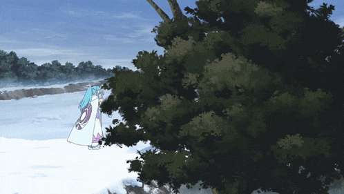 a girl with blue hair is standing in the snow looking at a tree