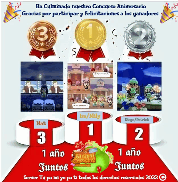 a poster for animal crossing new horizons shows the winners on a podium