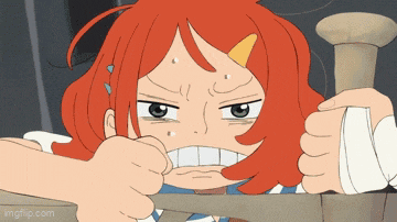 a cartoon of a girl with red hair is holding a wooden stick