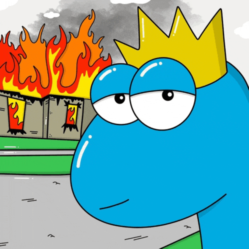 a blue cartoon character with a yellow crown on his head looks at a burning building