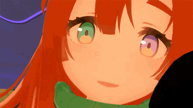 a close up of a cartoon character 's face with red hair and green eyes