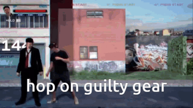 a screenshot of a video game with the words hop on guilty gear at the bottom