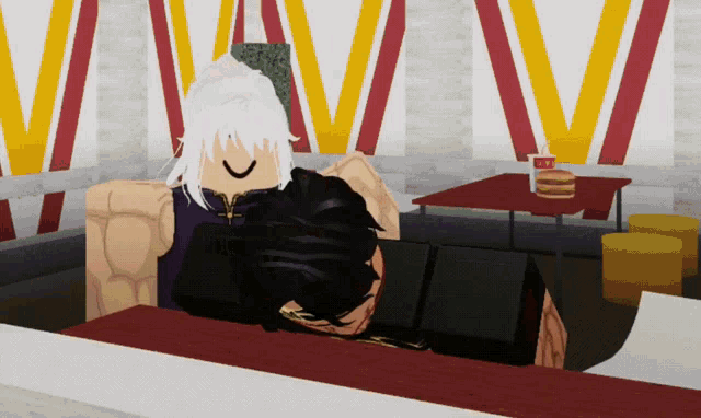 a cartoon of a man laying on another man 's lap in a fast food restaurant