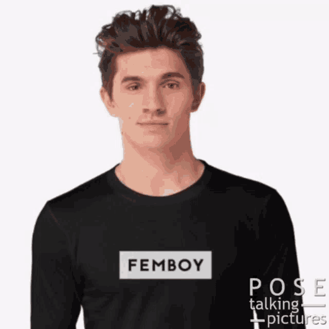 a man is wearing a black shirt that says femboy on the front