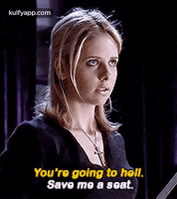 a woman is holding a book and saying `` you 're going to hell , save me a seat . ''