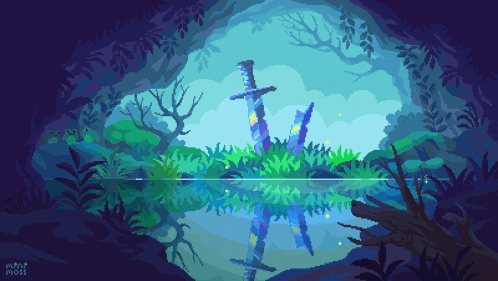 a pixel art of a swamp with a sword in the middle of it