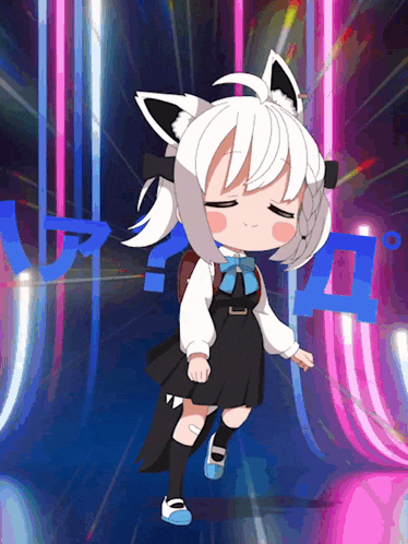 a girl with white hair and a backpack is dancing in front of a sign that says 4