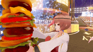 a girl is holding a huge hamburger in front of a sign that says no parking