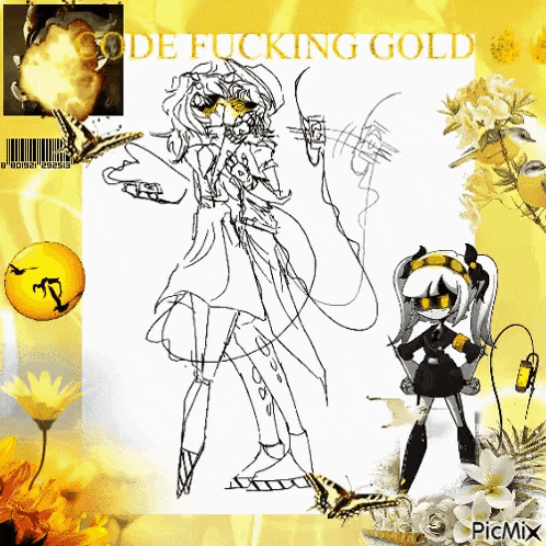 a drawing of a girl with the words " code fucking gold " on the top